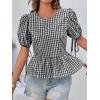 imageCicy Bell Womens Puff Sleeve Gingham Blouse Summer Ruffle Peplum Babydoll Tops Cute Plaid Cotton ShirtsBlack