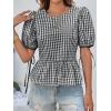 imageCicy Bell Womens Puff Sleeve Gingham Blouse Summer Ruffle Peplum Babydoll Tops Cute Plaid Cotton ShirtsBlack