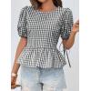 imageCicy Bell Womens Puff Sleeve Gingham Blouse Summer Ruffle Peplum Babydoll Tops Cute Plaid Cotton ShirtsBlack