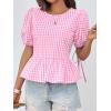 imageCicy Bell Womens Puff Sleeve Gingham Blouse Summer Ruffle Peplum Babydoll Tops Cute Plaid Cotton ShirtsPink