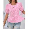 imageCicy Bell Womens Puff Sleeve Gingham Blouse Summer Ruffle Peplum Babydoll Tops Cute Plaid Cotton ShirtsPink