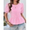 imageCicy Bell Womens Puff Sleeve Gingham Blouse Summer Ruffle Peplum Babydoll Tops Cute Plaid Cotton ShirtsPink