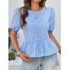 imageCicy Bell Womens Puff Sleeve Gingham Blouse Summer Ruffle Peplum Babydoll Tops Cute Plaid Cotton ShirtsSky Blue