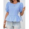imageCicy Bell Womens Puff Sleeve Gingham Blouse Summer Ruffle Peplum Babydoll Tops Cute Plaid Cotton ShirtsSky Blue