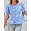 imageCicy Bell Womens Puff Sleeve Gingham Blouse Summer Ruffle Peplum Babydoll Tops Cute Plaid Cotton ShirtsSky Blue