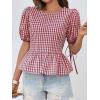 imageCicy Bell Womens Puff Sleeve Gingham Blouse Summer Ruffle Peplum Babydoll Tops Cute Plaid Cotton ShirtsWine Red