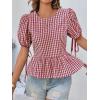 imageCicy Bell Womens Puff Sleeve Gingham Blouse Summer Ruffle Peplum Babydoll Tops Cute Plaid Cotton ShirtsWine Red