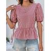 imageCicy Bell Womens Puff Sleeve Gingham Blouse Summer Ruffle Peplum Babydoll Tops Cute Plaid Cotton ShirtsWine Red