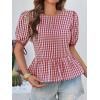 imageCicy Bell Womens Puff Sleeve Gingham Blouse Summer Ruffle Peplum Babydoll Tops Cute Plaid Cotton ShirtsWine Red