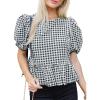 imageCicy Bell Womens Puff Sleeve Gingham Blouse Summer Ruffle Peplum Babydoll Tops Cute Plaid Cotton ShirtsBlack
