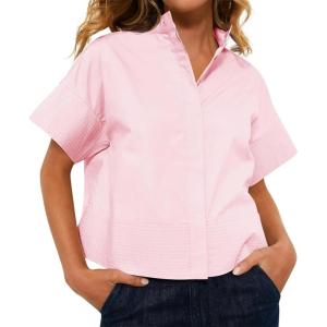 imageCicy Bell Womens Cropped Short Sleeve Button Down Shirts Pleated Summer Dressy Casual Blouse Stand Collar Loose Fit TopsLight Pink