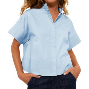 imageCicy Bell Womens Cropped Short Sleeve Button Down Shirts Pleated Summer Dressy Casual Blouse Stand Collar Loose Fit TopsSky Blue