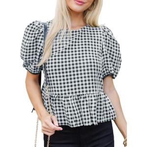 imageCicy Bell Womens Puff Sleeve Gingham Blouse Summer Ruffle Peplum Babydoll Tops Cute Plaid Cotton ShirtsBlack