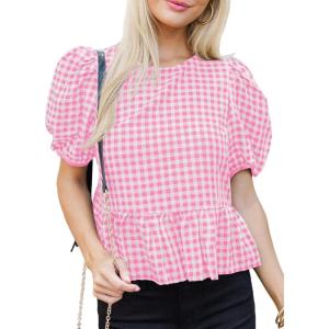 imageCicy Bell Womens Puff Sleeve Gingham Blouse Summer Ruffle Peplum Babydoll Tops Cute Plaid Cotton ShirtsPink