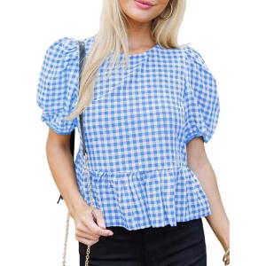 imageCicy Bell Womens Puff Sleeve Gingham Blouse Summer Ruffle Peplum Babydoll Tops Cute Plaid Cotton ShirtsSky Blue