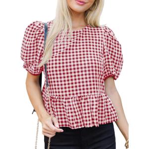 imageCicy Bell Womens Puff Sleeve Gingham Blouse Summer Ruffle Peplum Babydoll Tops Cute Plaid Cotton ShirtsWine Red