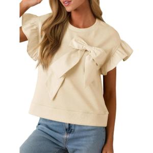 imageCicy Bell Womens Ruffle Sleeve T Shirts Summer Casual Bow Tops Loose Fit Crew Neck TeesBeige