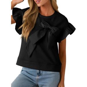 imageCicy Bell Womens Ruffle Sleeve T Shirts Summer Casual Bow Tops Loose Fit Crew Neck TeesBlack