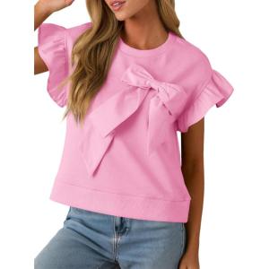 imageCicy Bell Womens Ruffle Sleeve T Shirts Summer Casual Bow Tops Loose Fit Crew Neck TeesPink