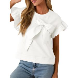 imageCicy Bell Womens Ruffle Sleeve T Shirts Summer Casual Bow Tops Loose Fit Crew Neck TeesWhite