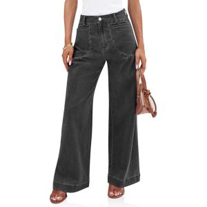 imageCicy Bell Womens Wide Leg Jeans High Waisted Stretchy Pleated Baggy Loose Denim Casual Pants with PocketsGrey