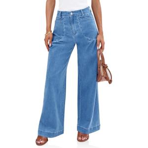 imageCicy Bell Womens Wide Leg Jeans High Waisted Stretchy Pleated Baggy Loose Denim Casual Pants with PocketsLight Blue