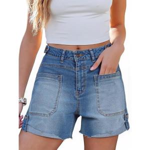 imageCicy Bell Womens Baggy High Waisted Jean Shorts Summer Straight Leg Jorts Stretchy Button Adjustable Rolled Hem Denim ShortsJean Blue