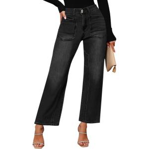 imageCicy Bell Womens Baggy Straight Leg Jeans High Waisted Barrel Boyfriend Button Stretchy Trendy Denim PantsBlack