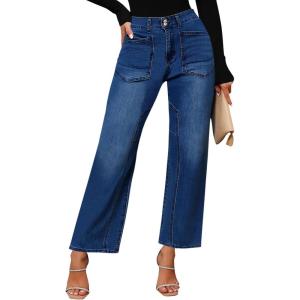 imageCicy Bell Womens Baggy Straight Leg Jeans High Waisted Barrel Boyfriend Button Stretchy Trendy Denim PantsNavy
