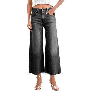 imageCicy Bell Womens Cropped Wide Leg Jeans High Waisted Stretchy Flare Jeans Boyfriend Baggy Ankle Denim Pants with PocketsBlack