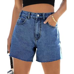 imageCicy Bell Womens High Waisted Jean Shorts Summer Baggy Stretchy Straight Leg Raw Hem Mom Denim ShortsBlue