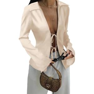 imageCicy Bell Womens Sexy Tie Front Satin Shirts Deep V Neck Silk Club Tops Long Sleeve Y2k Going Out BlouseApricot