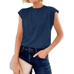 imageCicy Bell Womens Cap Sleeve Cotton Tank Tops Summer Casual Loose Fit T Shirts Crew Neck Basic TeeNavy