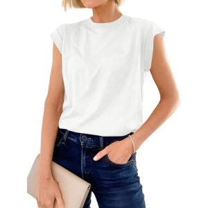 imageCicy Bell Womens Cap Sleeve Cotton Tank Tops Summer Casual Loose Fit T Shirts Crew Neck Basic TeeWhite