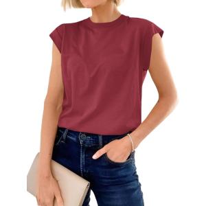 imageCicy Bell Womens Cap Sleeve Cotton Tank Tops Summer Casual Loose Fit T Shirts Crew Neck Basic TeeWine Red