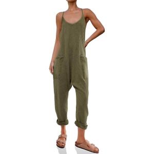 imageCicy Bell Womens Casual Sleeveless Waffle Jumpsuits Loose Knit Spaghetti Strap Romper Long Pants with PocketsArmy Green