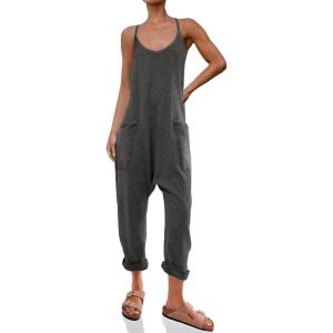 imageCicy Bell Womens Casual Sleeveless Waffle Jumpsuits Loose Knit Spaghetti Strap Romper Long Pants with PocketsDark Grey