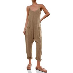 imageCicy Bell Womens Casual Sleeveless Waffle Jumpsuits Loose Knit Spaghetti Strap Romper Long Pants with PocketsKhaki