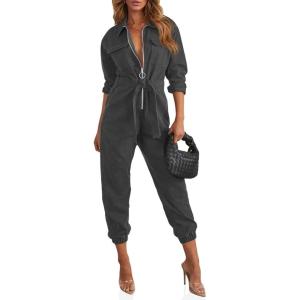imageCicy Bell Womens Long Sleeve Utility Jumpsuits Elastic Waist Zip Up Long Pants Jogger Rompers