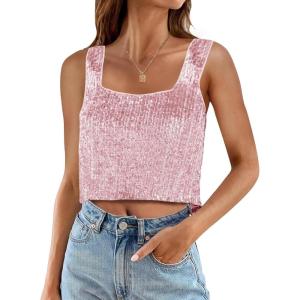 imageCicy Bell Womens Sequin Crop Tank Tops Cute Sleeveless Sparkly Camisole Blouse Cocktail Evening Party Tank ShirtsPink