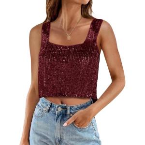 imageCicy Bell Womens Sequin Crop Tank Tops Cute Sleeveless Sparkly Camisole Blouse Cocktail Evening Party Tank ShirtsWine Red