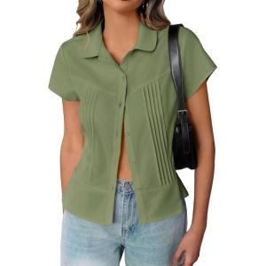 imageCicy Bell Womens Short Sleeve Button Down Shirts Pleated Slim Fit Summer Dressy Casual BlousesArmy Green