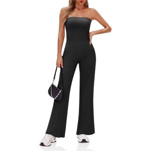 imageCicy Bell Womens Strapless Ribbed Flare Jumpsuits One Piece Tube Top Casual Long Pants Rompers