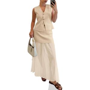 imageCicy Bell Womens Summer 2 Piece Outfits V Neck Sleeveless Blazer Waistcoat and Mesh Maxi Skirt Suit SetsApricot