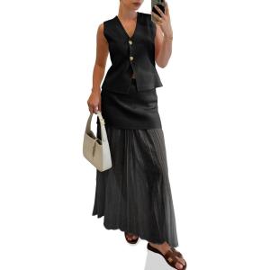 imageCicy Bell Womens Summer 2 Piece Outfits V Neck Sleeveless Blazer Waistcoat and Mesh Maxi Skirt Suit SetsBlack