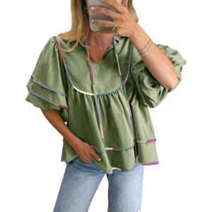 imageCicy Bell Womens Summer Babydoll Tops V Neck Short Lantern Sleeve Shirts Cute Loose Fit Peplum Flowy BlousesArmy Green