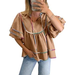 imageCicy Bell Womens Summer Babydoll Tops V Neck Short Lantern Sleeve Shirts Cute Loose Fit Peplum Flowy BlousesBrown