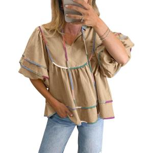 imageCicy Bell Womens Summer Babydoll Tops V Neck Short Lantern Sleeve Shirts Cute Loose Fit Peplum Flowy BlousesKhaki