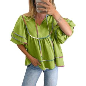 imageCicy Bell Womens Summer Babydoll Tops V Neck Short Lantern Sleeve Shirts Cute Loose Fit Peplum Flowy BlousesOlive Drab