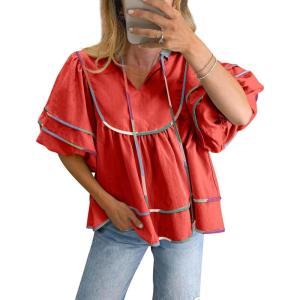 imageCicy Bell Womens Summer Babydoll Tops V Neck Short Lantern Sleeve Shirts Cute Loose Fit Peplum Flowy BlousesRed
